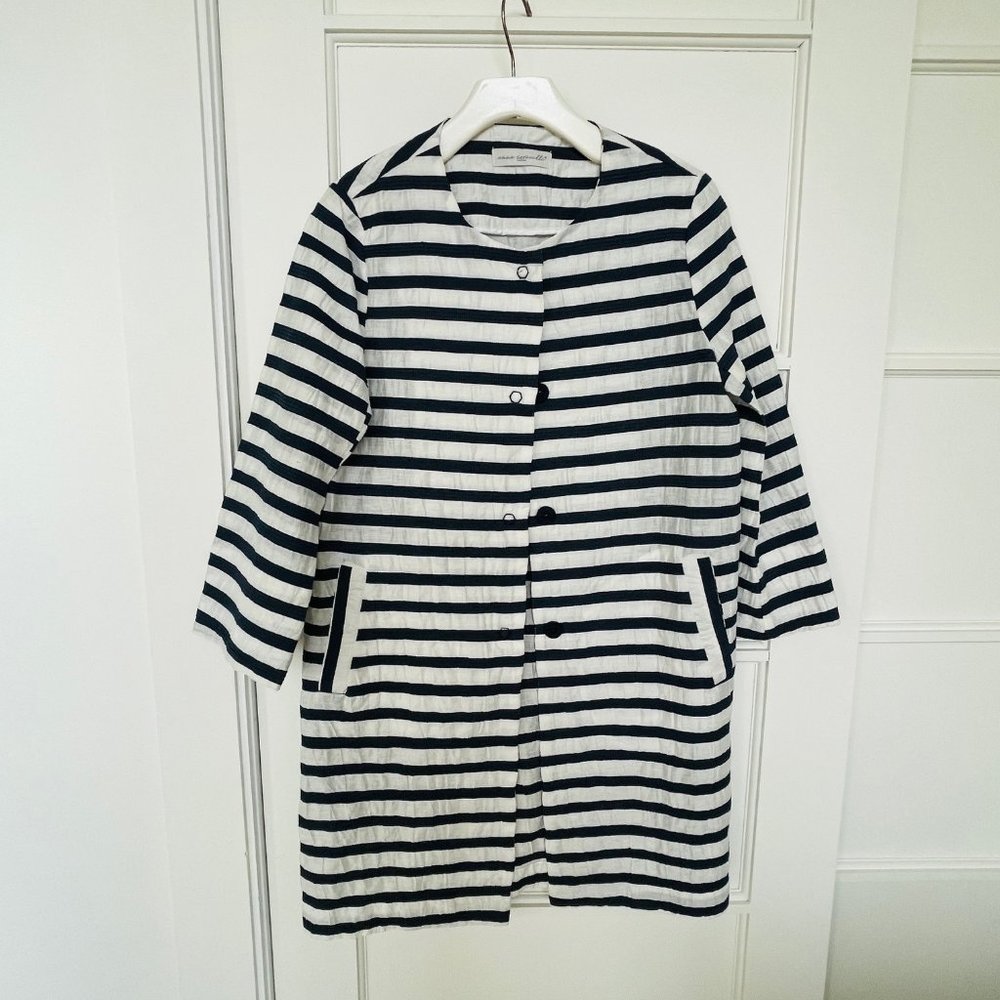 Beautiful blue and white striped duster coat by Italian designer Anna Seravalli.